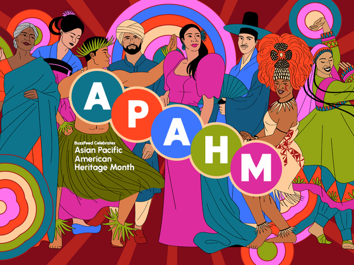 An illustration honoring Asian Pacific American Heritage Month, featuring diverse animated characters with the bold display of the letters