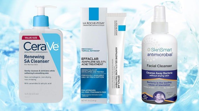 CeraVe Renewing SA Cleanser, La Roche-Posay Effaclar Adapalene Gel 0.1% Acne Treatment, and SkinSmart Antimicrobial Facial Cleanser.