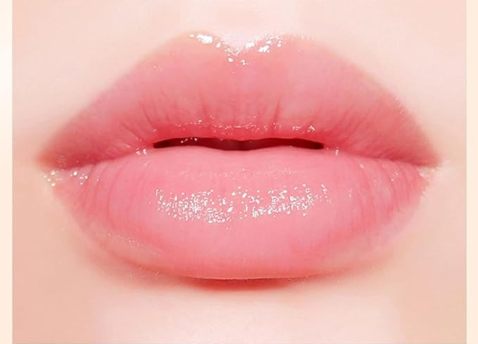 Close-up of glossy lips with accompanying text offering instructions for lip care: