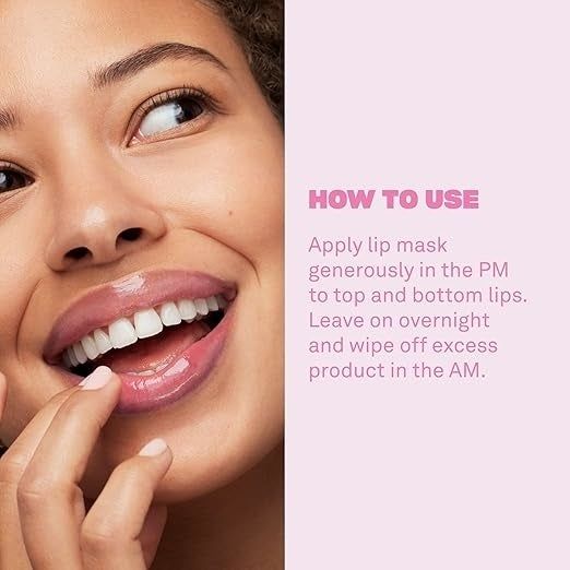 Model smiling with glossy lips, gently touching her lip. Text provides instructions on how to apply a nighttime lip mask: apply generously before bed, leave on overnight, and wipe off in the morning.