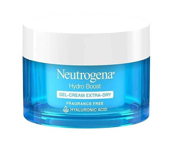 Neutrogena Hydro Boost Gel-Cream Extra-Dry with Hyaluronic Acid, displayed in a cylindrical jar featuring a white cap and blue packaging
