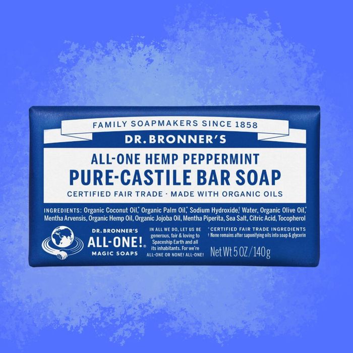 Dr. Bronner's All-One Hemp Peppermint Pure-Castile Bar Soap, 5 oz, displayed against a blue background. Made with organic and fair-trade ingredients.