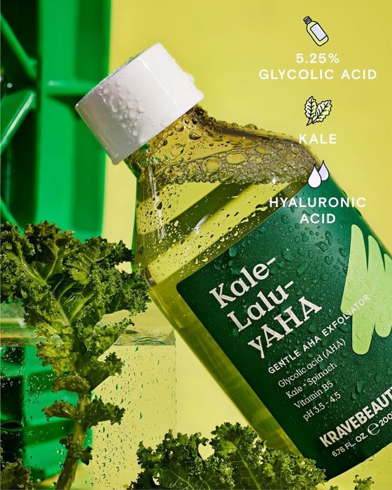 KraveBeauty's Kale-Lalu-yAHA Exfoliant, featuring 5.25% glycolic acid, kale, and hyaluronic acid, comes in an 8.4 fl oz bottle and includes detailed product information.