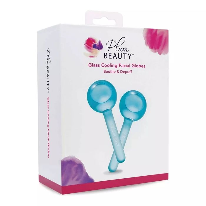 Plum Beauty Glass Cooling Facial Globes, featuring two blue globes designed to soothe and reduce puffiness
