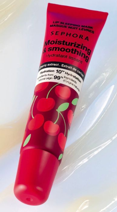 Sephora Lip Sleeping Mask infused with cherry extract, promises to hydrate and smooth, delivering 10 hours of moisture with 99% natural origin ingredients.