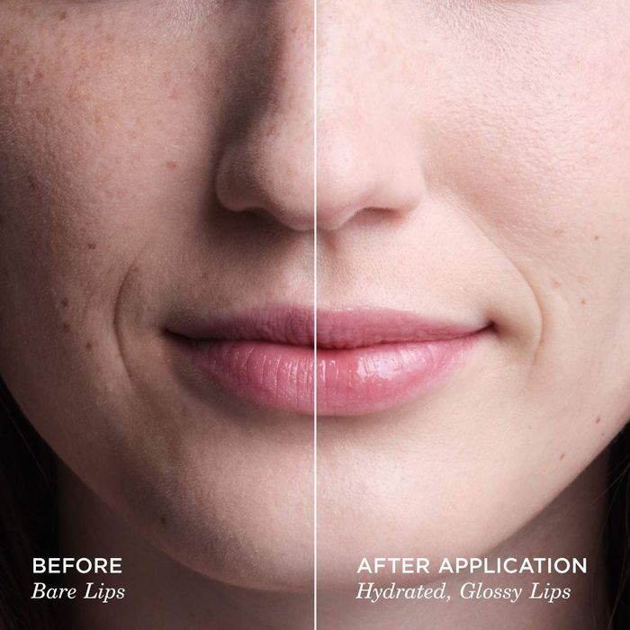 Close-up of a woman’s lips showing a before-and-after comparison: left side with dry lips, right side with plump, hydrated lips after using the mask