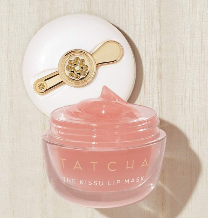 Tatcha Kissu Lip Mask paired with a golden spoon applicator, showcasing its elegant design