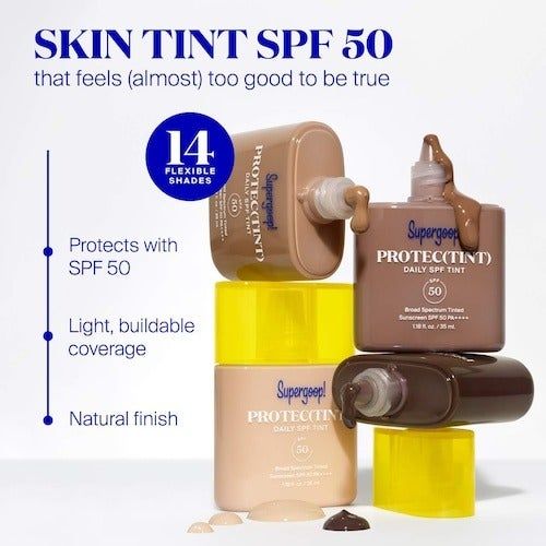 Three bottles of Supergoop! PROTECT(TINT) Skin Tint SPF 50 showcased, highlighting features like SPF 50, lightweight texture, buildable coverage, and a natural finish