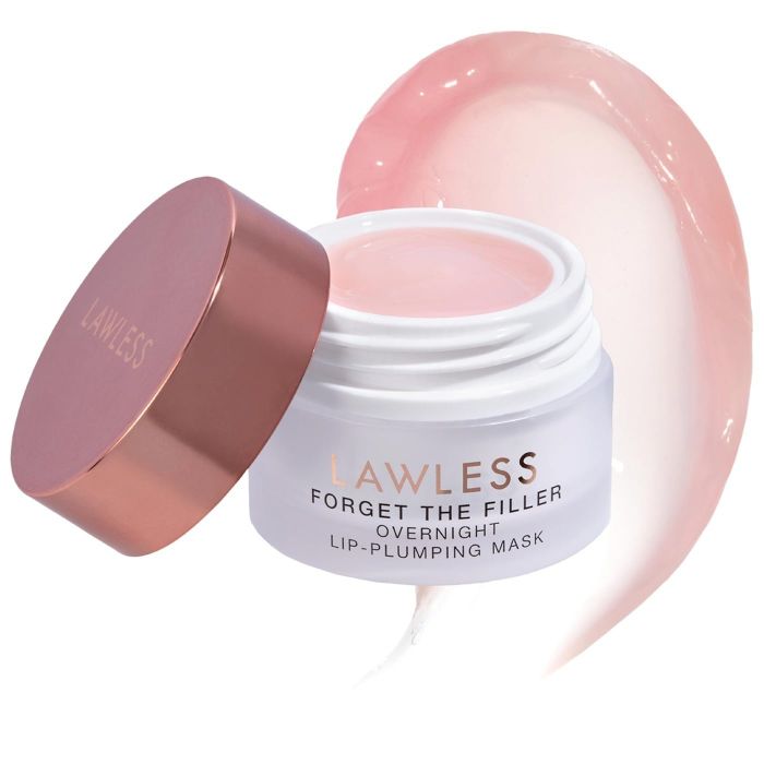LAWLESS Forget the Filler Overnight Lip-Plumping Mask showcasing its open jar with a pink lid and visible lip mask texture on a white background