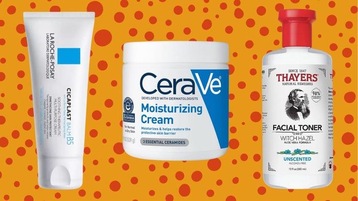 La Roche-Posay soothing cream, CeraVe ceramide-rich moisturizer, and Thayers alcohol-free witch hazel toner