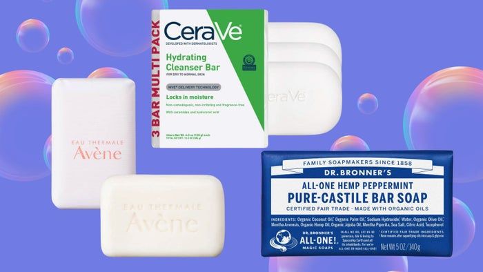 Top picks include Avène XeraCalm A.D Ultra-Rich cleansing bar, CeraVe hydrating cleanser bar, and Dr. Bronner's Pure-Castile bar soap.