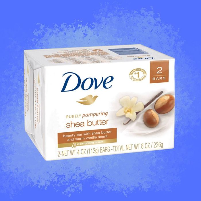 A two-pack of Dove Shea Butter Beauty Bars, enriched with shea butter and a warm vanilla fragrance, labeled as