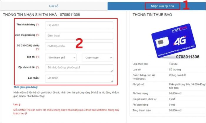 Tích chọn ô Nhận sim tại nhà và điền đầy đủ thông tin cần thiết