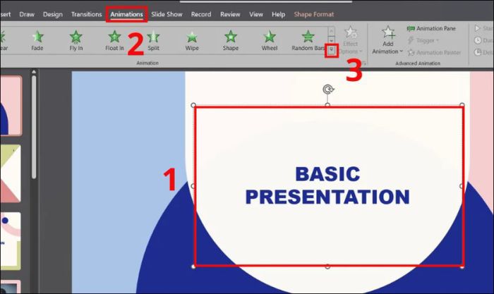 Chọn đối tượng cần áp dụng hiệu ứng và điều hướng đến mục Animations
