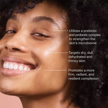A model smiling with text highlighting the key benefits of this moisturizer