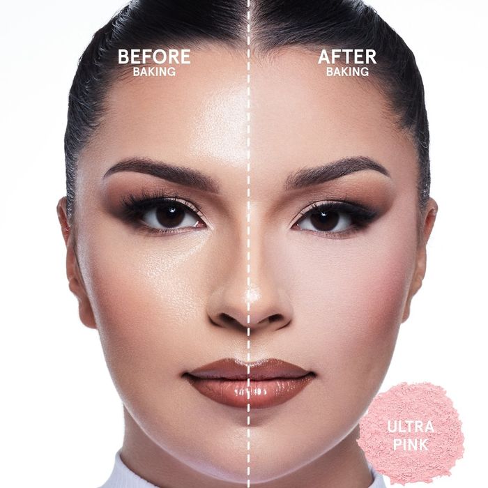 A model showing the transformation before and after applying the setting powder, highlighting its smoothing effect.