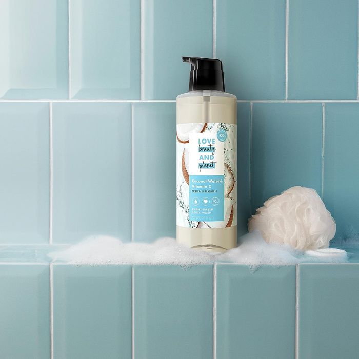 a pump bottle of Love Beauty and Planet coconut body wash