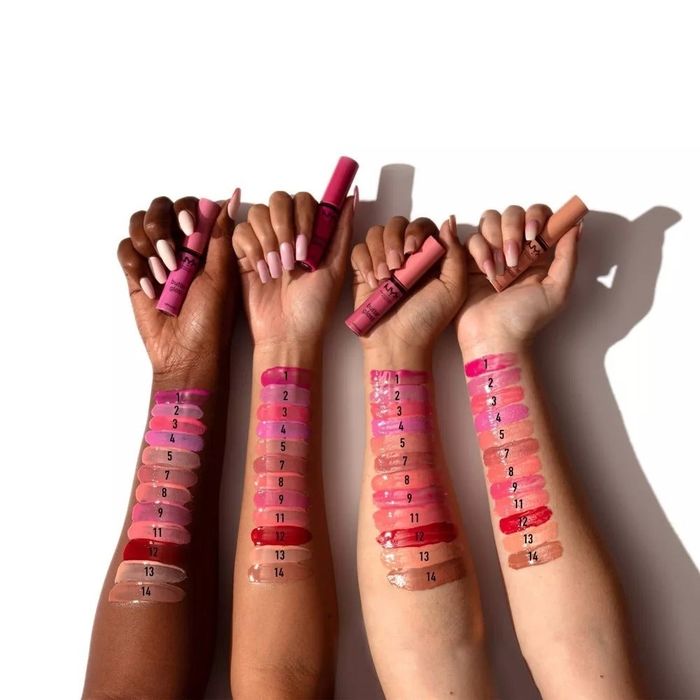 Models wearing various shades of the NYX Butter Gloss
