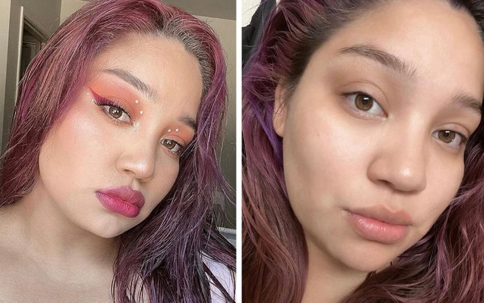 A reviewer with a face full of makeup before using the balm, and perfectly clean-looking skin after using it