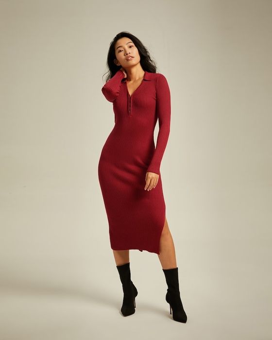 Model showcasing a long red ribbed polo dress paired with black booties