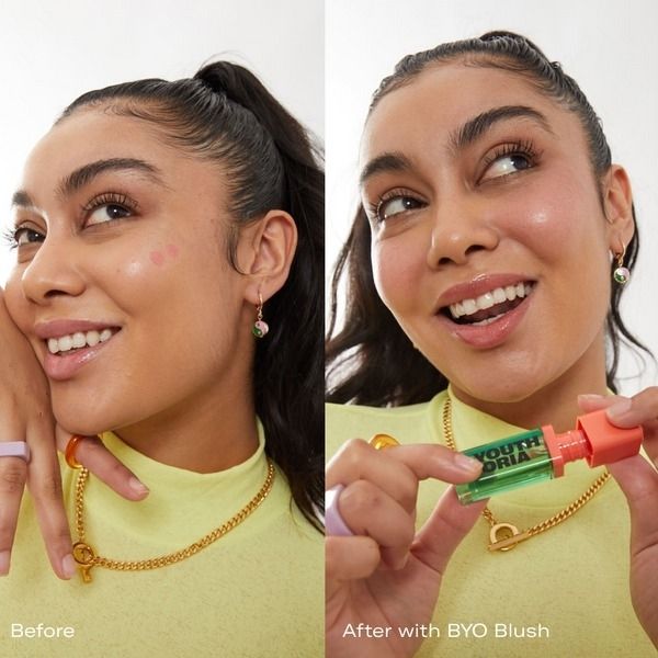 a model's before and after shot showing the difference with and without the blush