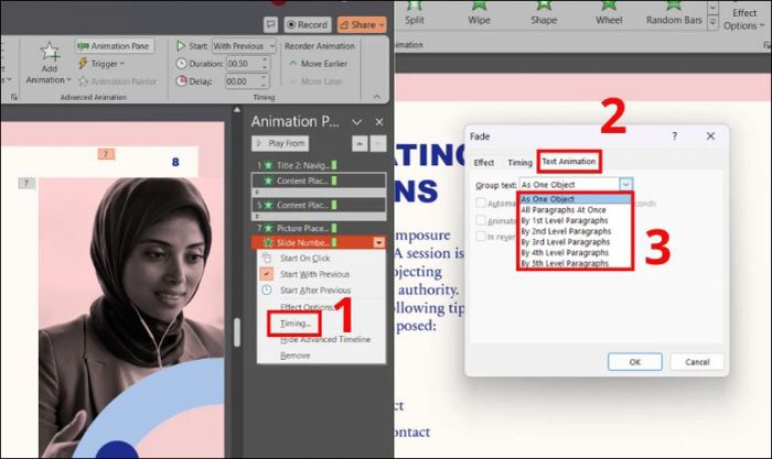 Kích hoạt Animation Pane và làm theo hướng dẫn để chọn hiệu ứng phù hợp