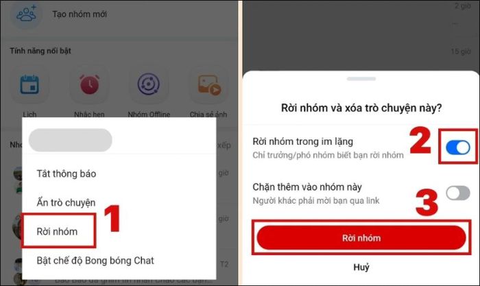 Nhấn vào Rời nhóm, kích hoạt chế độ Rời nhóm không thông báo và chọn Rời nhóm