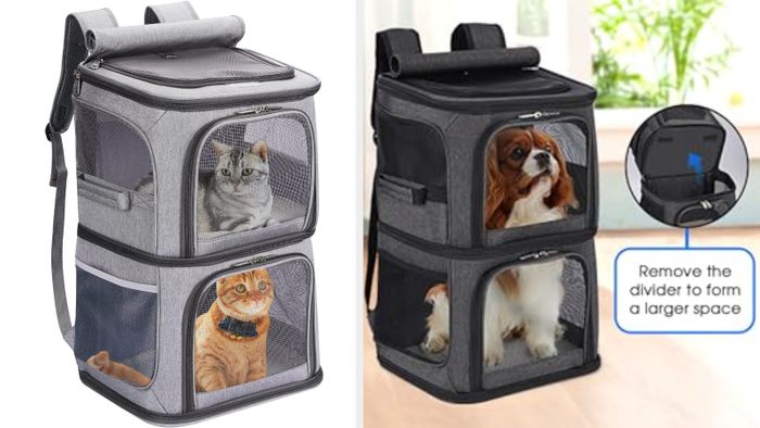 The gray and black two-tier pet carrier backpacks