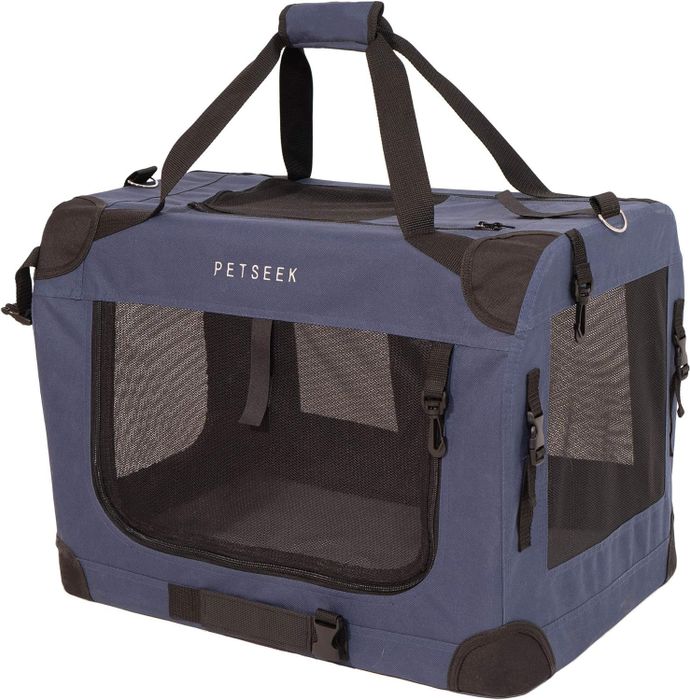 The blue pet carrier