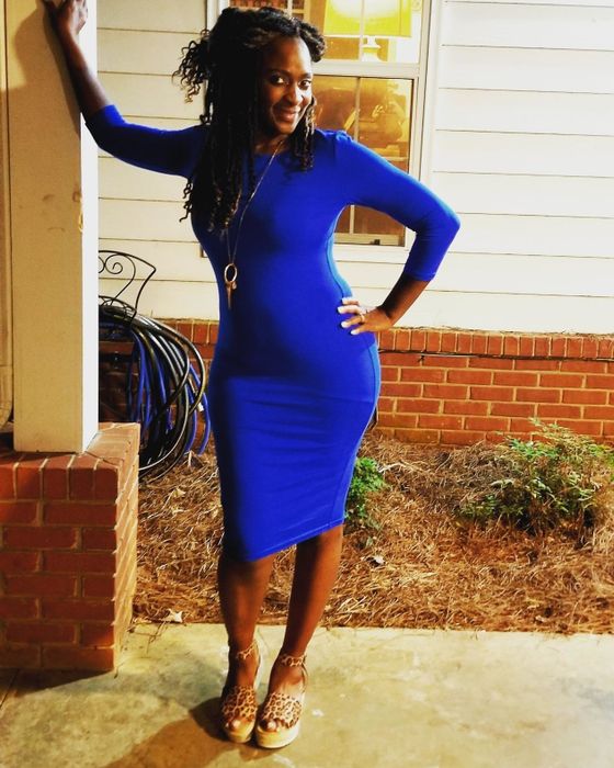A reviewer’s photo of the blue dress