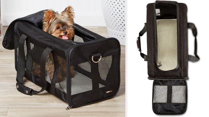 A dog sitting inside the black carrier