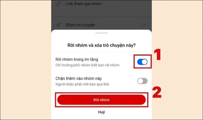 Kích hoạt chế độ Rời nhóm không thông báo và nhấn nút Rời nhóm
