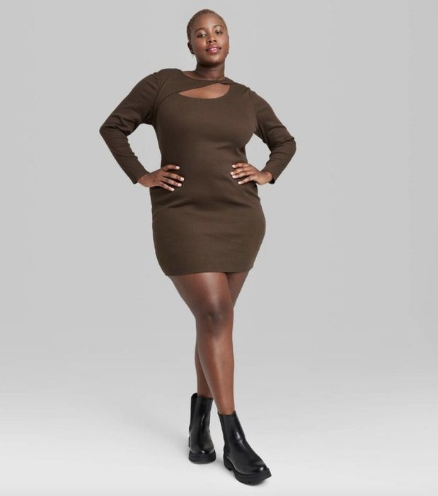 A brown ribbed bodycon dress, designed to bring comfort and style together in a chic silhouette.