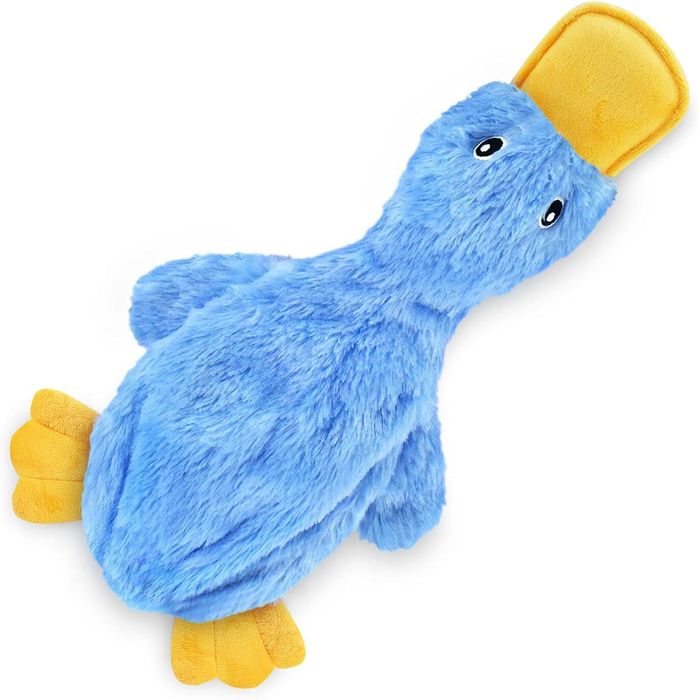 A plush blue platypus toy featuring an orange beak and feet, showcasing a soft and fuzzy texture.