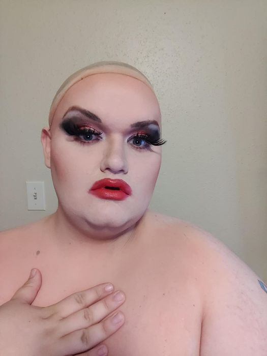 Before photo of a reviewer wearing dramatic drag makeup