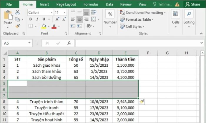 Kết quả sau khi thực hiện thêm dòng trong Excel