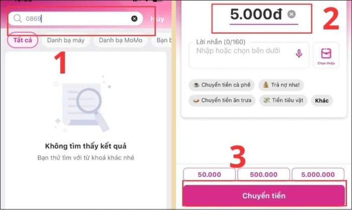 Nhập số điện thoại người nhận và số tiền cần chuyển