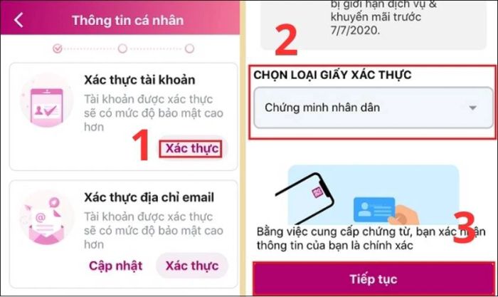 Điều hướng đến mục Xác thực tài khoản và chọn loại giấy tờ phù hợp
