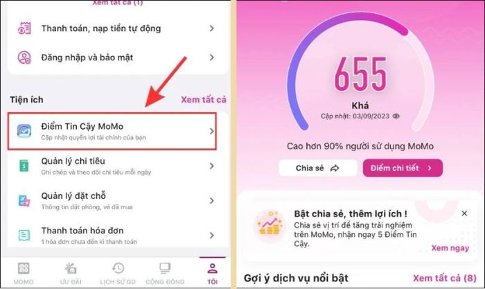Cách xem điểm tin cậy trên MoMo