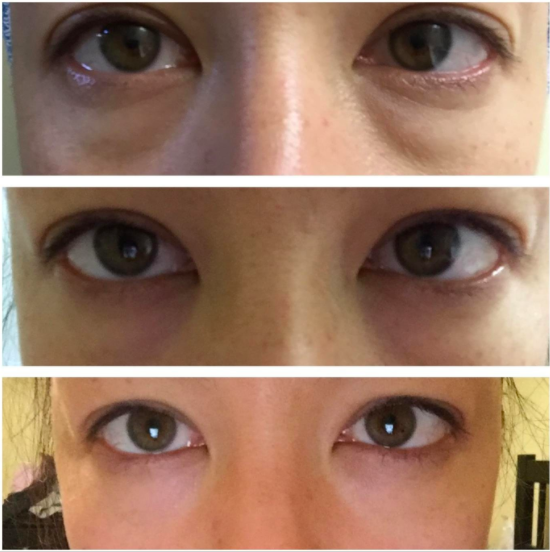 Three photos showing the gradual fading of bags under a reviewer’s eyes
