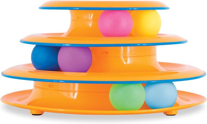 A three-tiered orange cat toy with colorful balls that move along tracks, perfect for stimulating play and exercise for cats.
