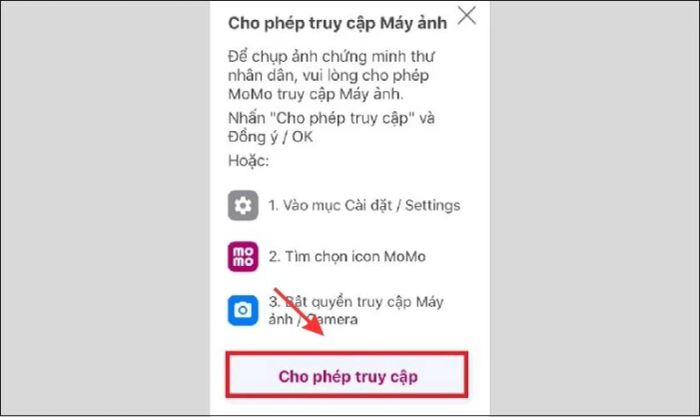 Cấp quyền truy cập Camera cho ứng dụng MoMo