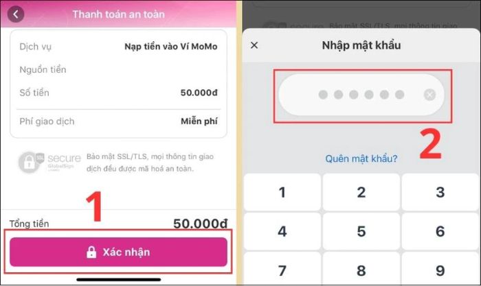 Nhập mật khẩu MoMo để kết thúc quá trình nạp tiền vào ví