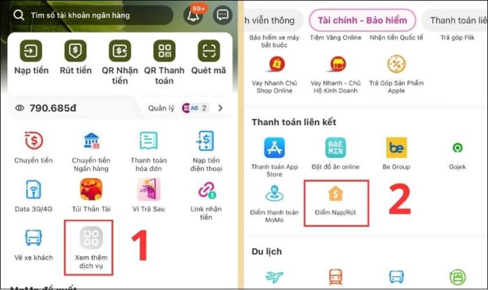 Nạp tiền vào MoMo bằng tiền mặt tại các điểm giao dịch hỗ trợ