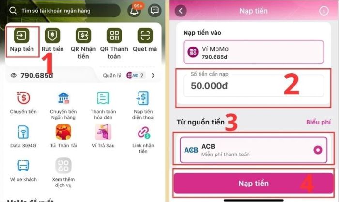 Nhập số tiền và chọn ngân hàng để nạp tiền vào ví MoMo
