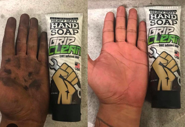 Reviewer’s before and after photos: first, a grease-covered hand; then, the same hand spotless after using the soap