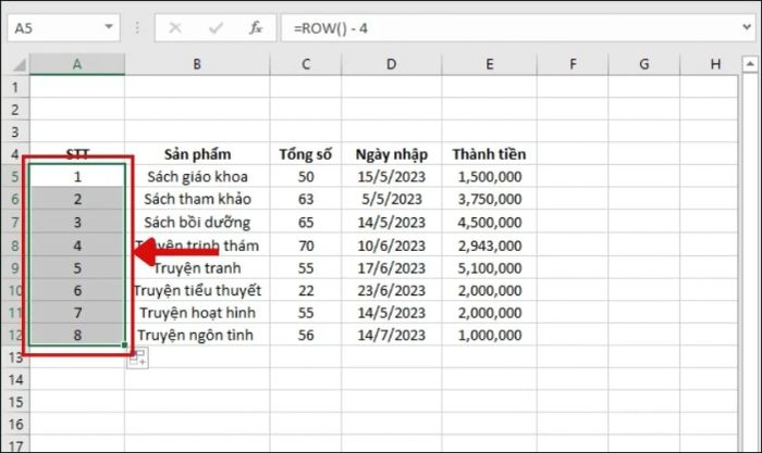 Kéo để áp dụng công thức cho các hàng khác