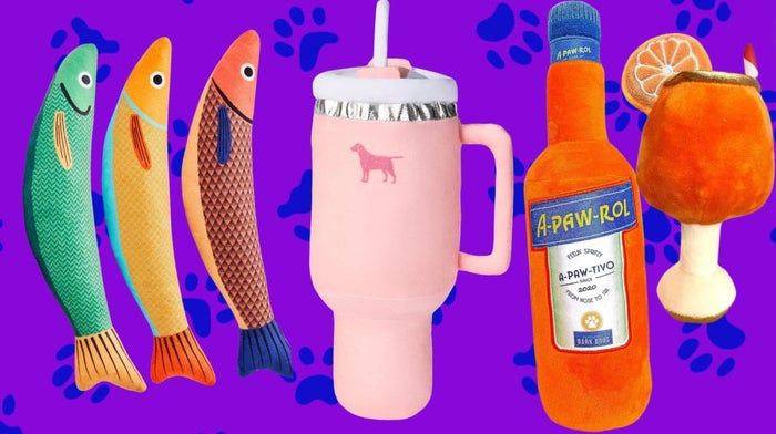 A set of catnip fish, a 40-ounce tumbler for dogs, and the A-Paw-Rol dog toy.