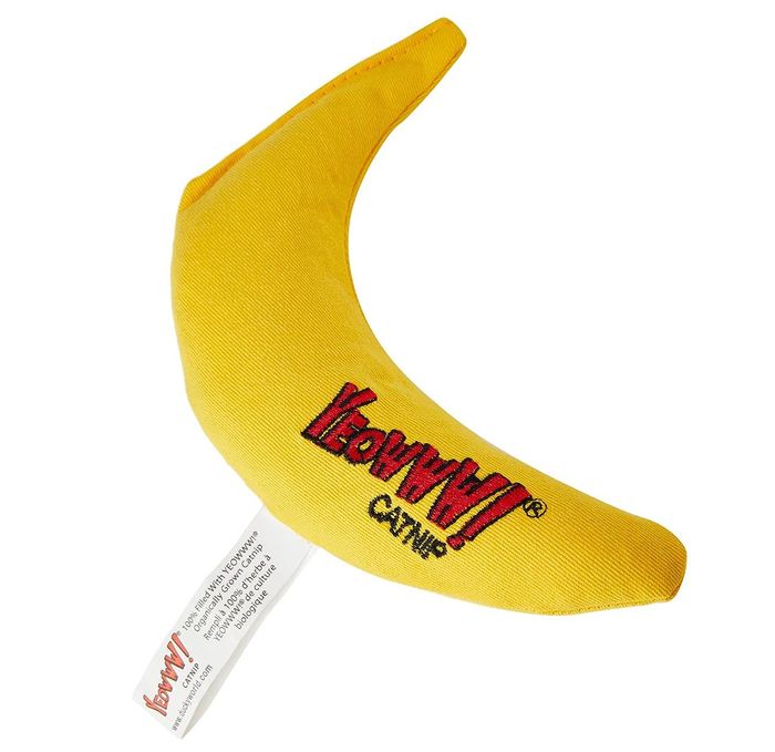 A yellow banana-shaped cat toy featuring the