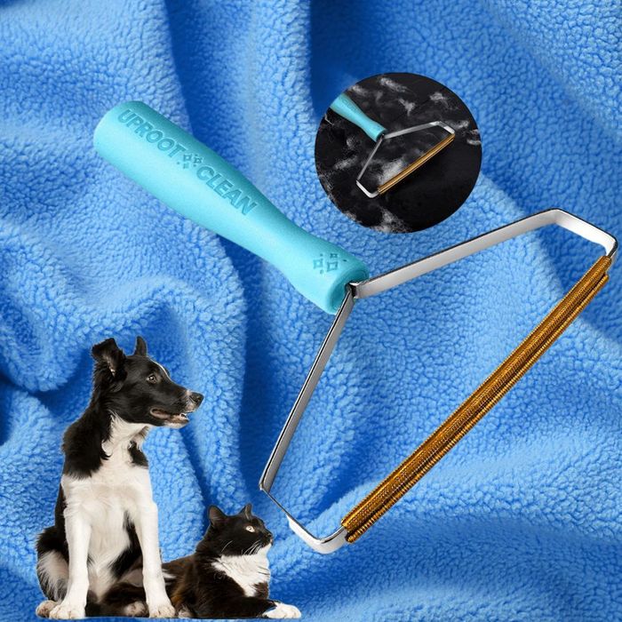 A pet hair remover tool with a blue handle is placed on a fleece blanket, accompanied by a Border Collie dog and a gray cat.